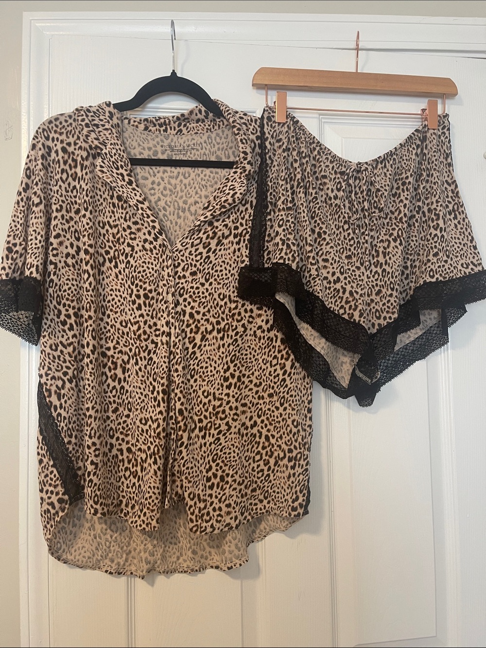 Leopard Print Modal Pajama Set with Lace Trim - Beige/Black